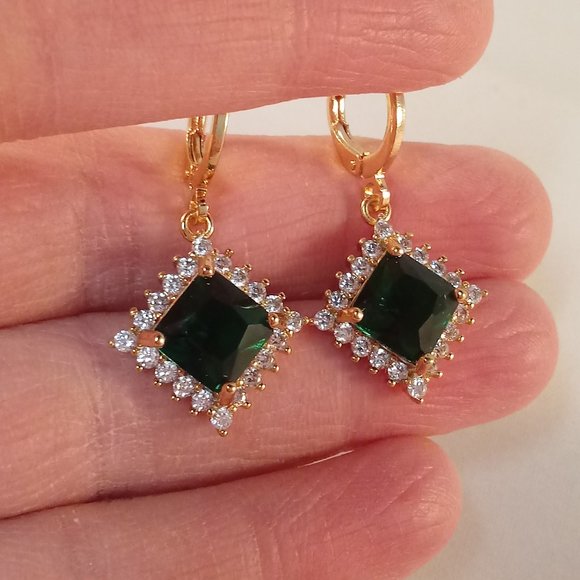 18K Yellow Gold Filled Emerald Diamond Zircon Square Dangle Earrings 1.96ctw ea. - Picture 2 of 4